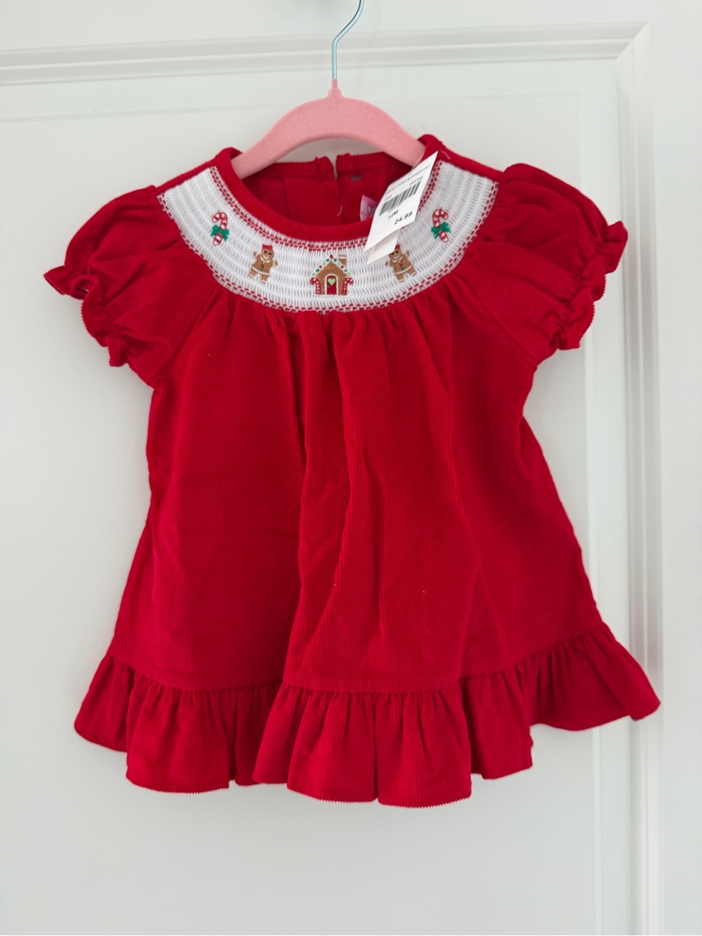 Girls Red Smocked Holiday Tunic Dress - Festive Embroidered Yoke